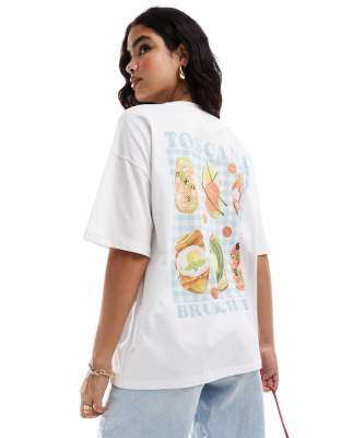 ASOS DESIGN - Oversize-T-Shirt in Elfenbein mit Bruschetta-Grafikprint-Weiß