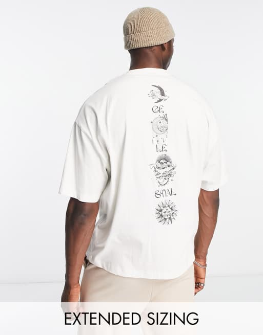 ASOS DESIGN – Oversize-T-Shirt in gebrochenem Weiß mit Himmelskörper-Print vorne und hinten