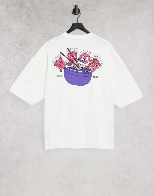 ASOS DESIGN – Oversize-T-Shirt in gebrochenem Weiß mit Ramen-Print am Rücken