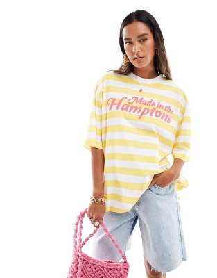 ASOS DESIGN - Oversize-T-Shirt in Gelb gestreift mit „Hamptons"-Grafik auf dem Rücken-Bunt