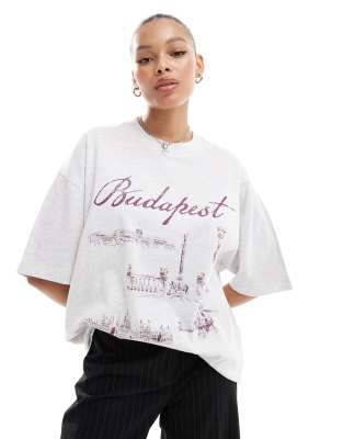 ASOS DESIGN - Oversize-T-Shirt in Grau meliert mit „Budapest"-Aufdruck