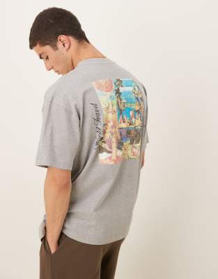 ASOS DESIGN – Oversize-T-Shirt in Grau meliert mit Landschaftsprint - view 1