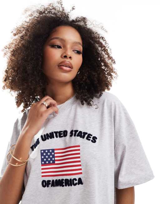ASOS DESIGN Oversize T Shirt in Grau meliert mit USA Flaggengrafik