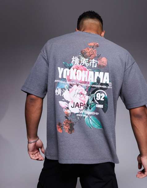 ASOS DESIGN – Oversize-T-Shirt in Grau mit Blumen-Print und Waffelstruktur - view 1