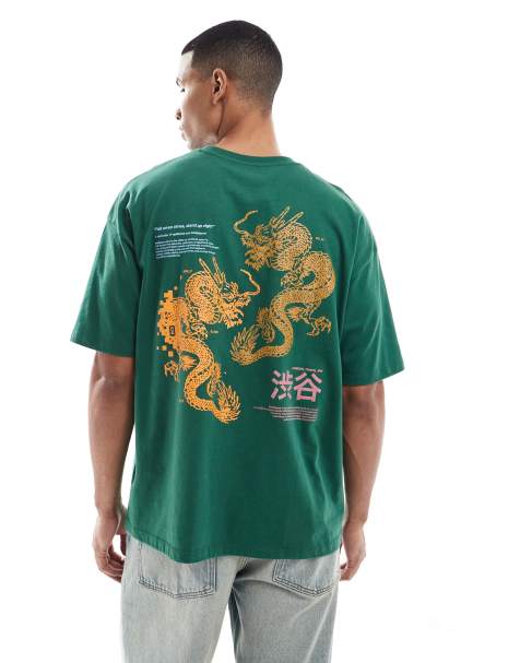 ASOS DESIGN – Oversize-T-Shirt in Grün mit Drachen-Grafik - view 1