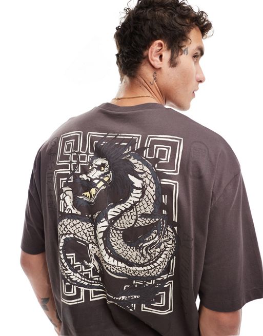  ASOS DESIGN – Oversize-T-Shirt in Grün mit Drachen-Souvenirprint auf dem Rücken