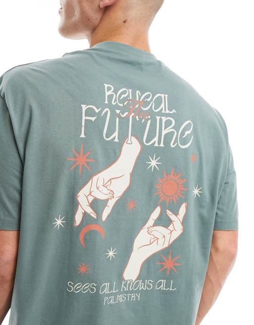 ASOS DESIGN – Oversize-T-Shirt in Grün mit Himmelskörper-Rückenprint