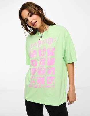 ASOS DESIGN - Oversize-T-Shirt in Grün mit leuchtender „Sex Pistols"-Lizenzgrafik