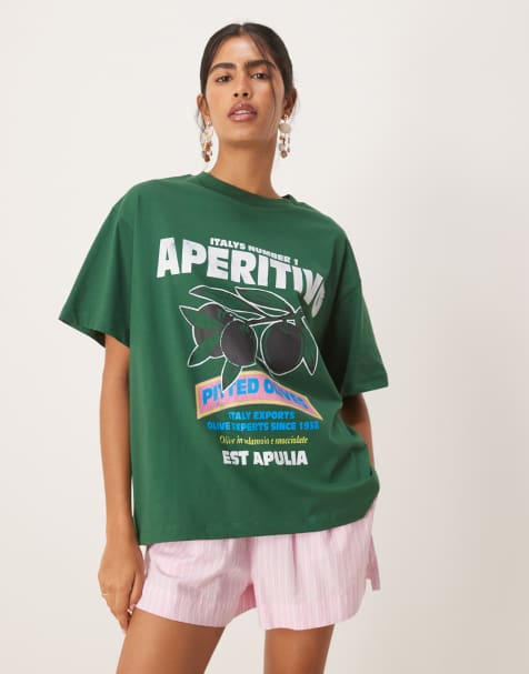 ASOS DESIGN – Oversize-T-Shirt in Grün mit Olivengrafik - view 1