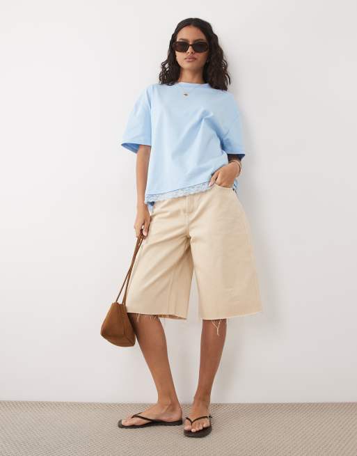 ASOS DESIGN – Oversize-T-Shirt in Hellblau mit Spitzenborte am Saum, Kombiteil, 2 von 4