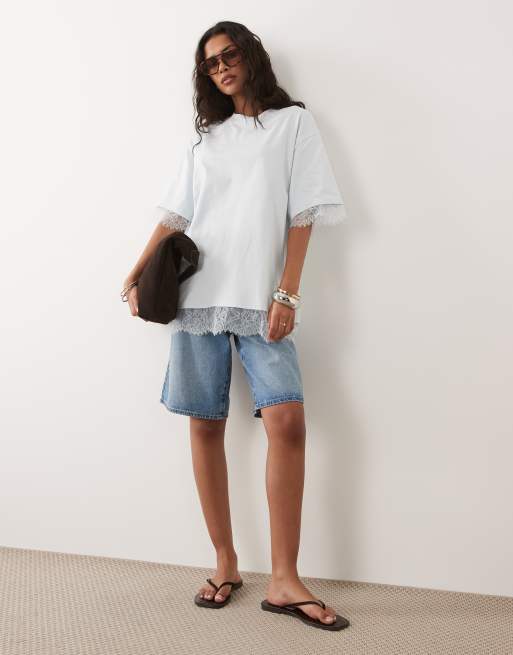 ASOS DESIGN – Oversize-T-Shirt in Hellblau mit Spitzensaum, 2 von 4