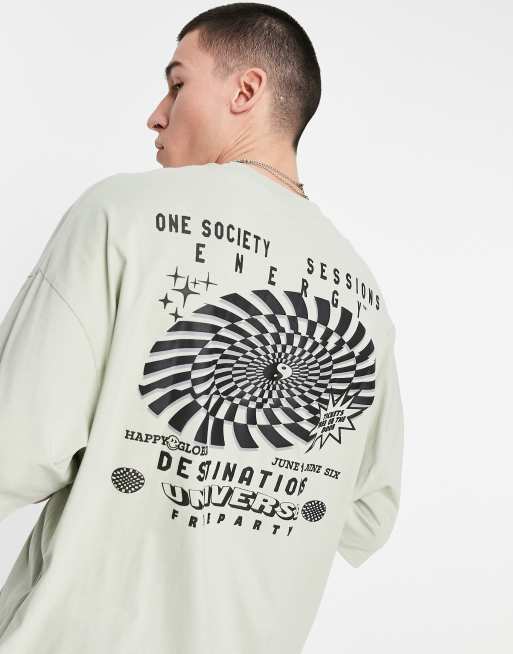 ASOS DESIGN – Oversize-T-Shirt in Hellgrün mit Brustprint und Rücken-Schaumprint im Schachbrett-Design 