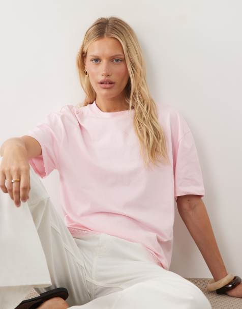 ASOS DESIGN – Oversize-T-Shirt in Hellrosa mit Spitzenborte am Saum, Kombiteil - view 1