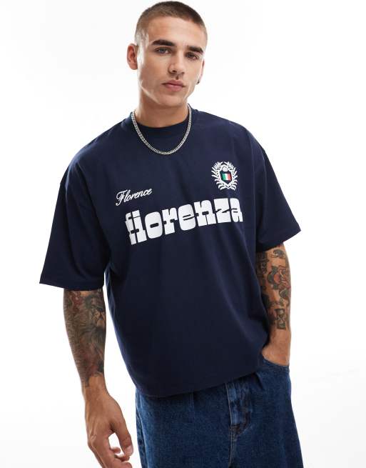 ASOS DESIGN – Oversize-T-Shirt in kastigem Schnitt, in Marineblau mit Grafik auf der Brust