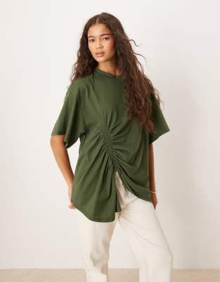 ASOS DESIGN - Oversize-T-Shirt in Khaki mit gerafftem, weich fallendem Saum-Grün