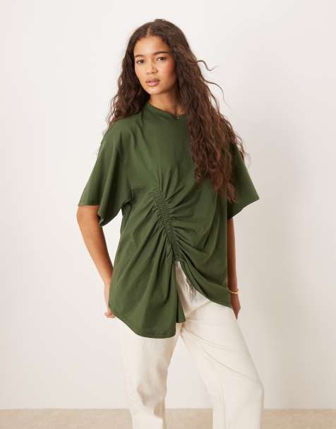 ASOS DESIGN – Oversize-T-Shirt in Khaki mit gerafftem, weich fallendem Saum - view 1
