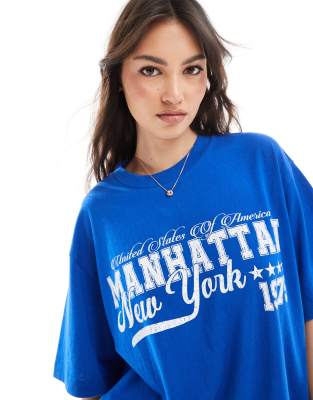 ASOS DESIGN - Oversize-T-Shirt in leuchtendem Blau mit Leinenoptik und „New York"-Grafik