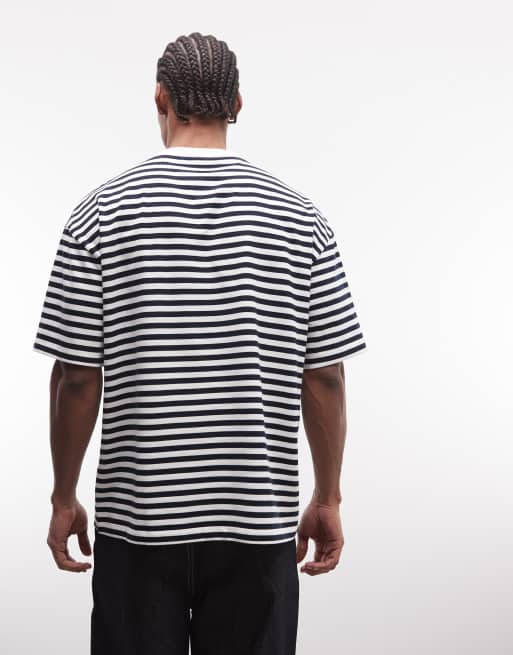 ASOS DESIGN – Oversize-T-Shirt in Marineblau gestreift mit Schaumdruck-Schriftzug, 3 von 5