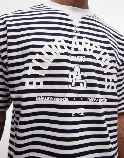 ASOS DESIGN – Oversize-T-Shirt in Marineblau gestreift mit Schaumdruck-Schriftzug, 5 von 5
