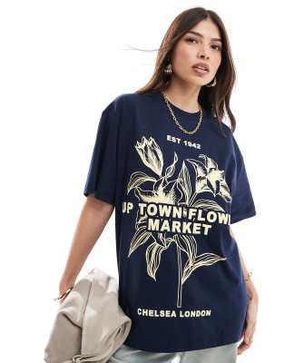 ASOS DESIGN - Oversize-T-Shirt in Marineblau mit „Flower Market"-Grafikprint