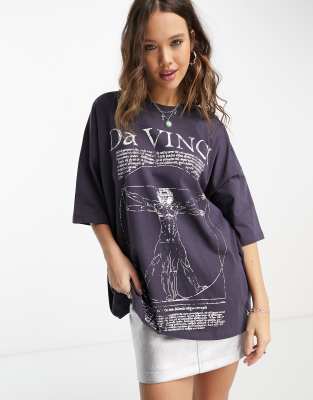 ASOS DESIGN - Oversize-T-Shirt in Marineblau mit lizenziertem Da-Vinci-Grafikprint