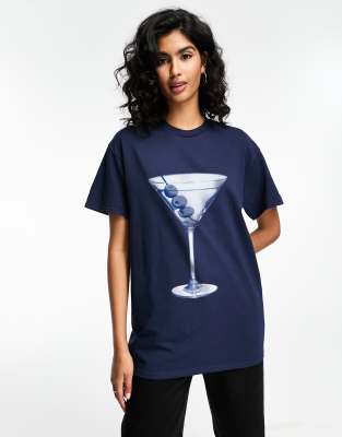 ASOS DESIGN - Oversize-T-Shirt in Marineblau mit Martini-Grafikprint