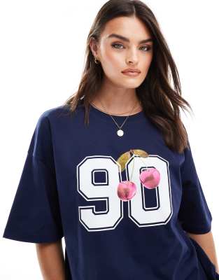 ASOS DESIGN - Oversize-T-Shirt in Marineblau mit Zahlen- und Kirschprint