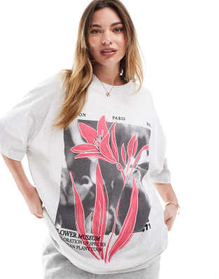 ASOS DESIGN - Oversize-T-Shirt in meliertem Eisgrau mit Blumen-Grafikprint