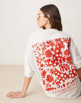 ASOS DESIGN - Oversize-T-Shirt in meliertem Eisgrau mit Blumen-Leoparden-Grafikprint