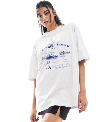 ASOS DESIGN - Oversize-T-Shirt in meliertem Eisgrau mit „Harbour"-Boot-Grafikprint