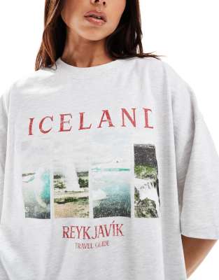 ASOS DESIGN - Oversize-T-Shirt in meliertem Eisgrau mit „Iceland"-Grafikprint-Weiß