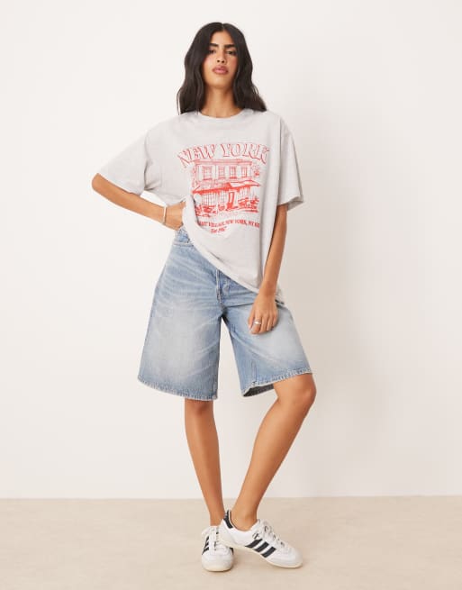 ASOS DESIGN – Oversize-T-Shirt in meliertem Eisgrau mit „New York Village“-Grafikprint, 2 von 4