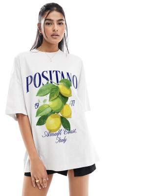 ASOS DESIGN - Oversize-T-Shirt in meliertem Eisgrau mit „Positano Italy"- und Zitronen-Grafikprint