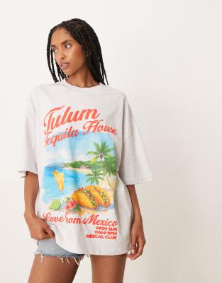 ASOS DESIGN - Oversize-T-Shirt in meliertem Eisgrau mit Tequila- und Taco-Print