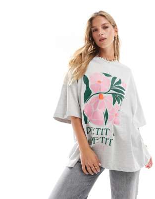 ASOS DESIGN - Oversize-T-Shirt in meliertem Grau mit Blumen-Print