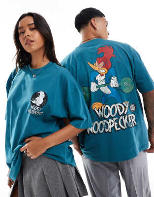 ASOS DESIGN - Oversize-T-Shirt in Mittelgrün mit Woody-Woodpecker-Prints und Unisex-Schnitt