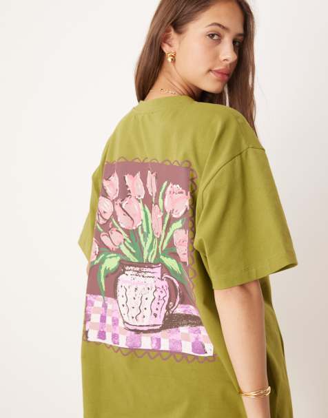 ASOS DESIGN – Oversize-T-Shirt in Olivgrün mit Blumenvasen-Print - view 1