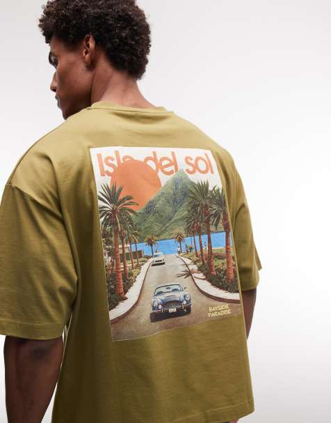 ASOS DESIGN – Oversize-T-Shirt in Olivgrün mit Insel-Grafikprint - view 1