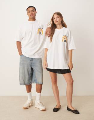 ASOS DESIGN - Oversize-T-Shirt in Orange im Unisex-Stil mit Smile-Print-Weiß