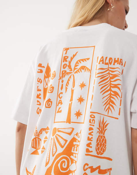 ASOS DESIGN – Oversize-T-Shirt in Orange und Weiß mit Strandskizzen-Print - view 1