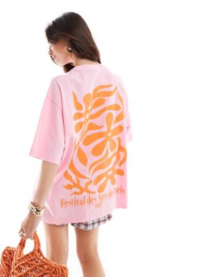 ASOS DESIGN - Oversize-T-Shirt in Rosa mit Blumen-Grafikprint