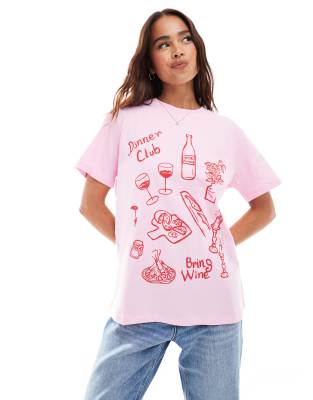 ASOS DESIGN - Oversize-T-Shirt in Rosa mit „Dinner Club"-Foodprints