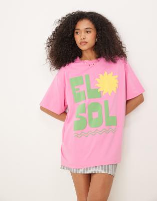 ASOS DESIGN - Oversize-T-Shirt in Rosa mit „El Sol"-Sonnen-Schaumprint