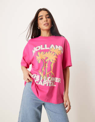 ASOS DESIGN - Oversize-T-Shirt in Rosa mit „Holland"-Blumengrafikprint