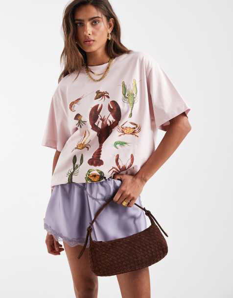 ASOS DESIGN – Oversize-T-Shirt in Rosa mit Hummer- und Krabben-Print - view 1