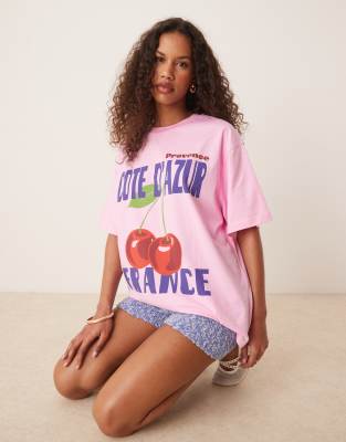 ASOS DESIGN - Oversize-T-Shirt in Rosa mit Kirsch-Grafikprint