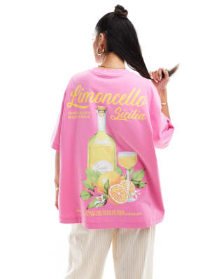 ASOS DESIGN - Oversize-T-Shirt in Rosa mit Limoncello-Drink-Grafikprint