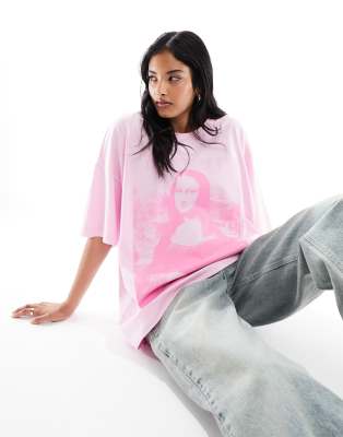 ASOS DESIGN - Oversize-T-Shirt in Rosa mit lizenziertem Mona Lisa-Print