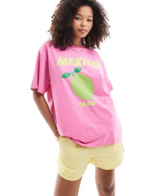 ASOS DESIGN - Oversize-T-Shirt in Rosa mit „Mexico"-Limettenprint