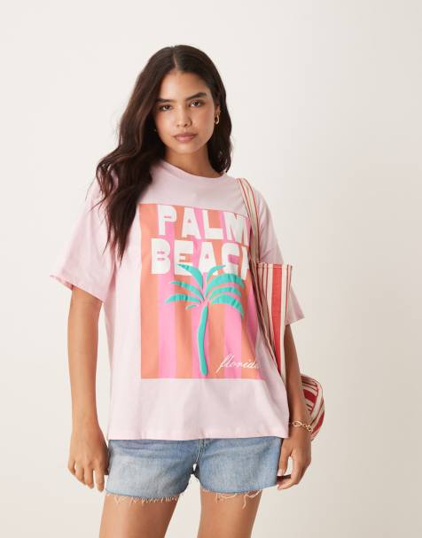 ASOS DESIGN – Oversize-T-Shirt in Rosa mit Palmen-Print - view 1